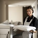 Nhân viên buồng phòng chuẩn bị phòng cho khách lưu trú