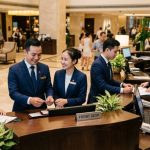 Nhân viên khách sạn đang phục vụ và hỗ trợ khách hàng