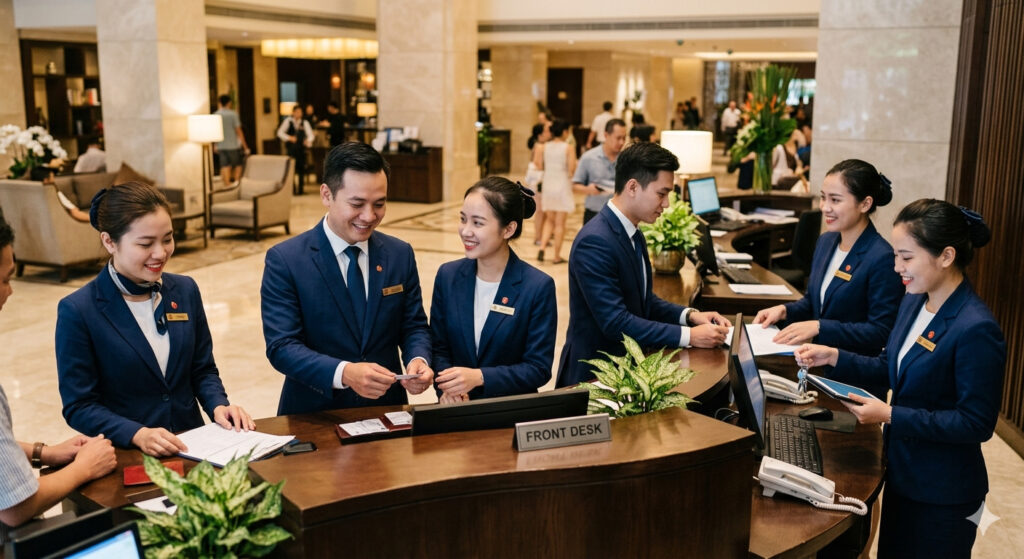 Nhân viên khách sạn đang phục vụ và hỗ trợ khách hàng