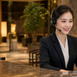 Nhân viên kinh doanh khách sạn trao đổi với khách hàng