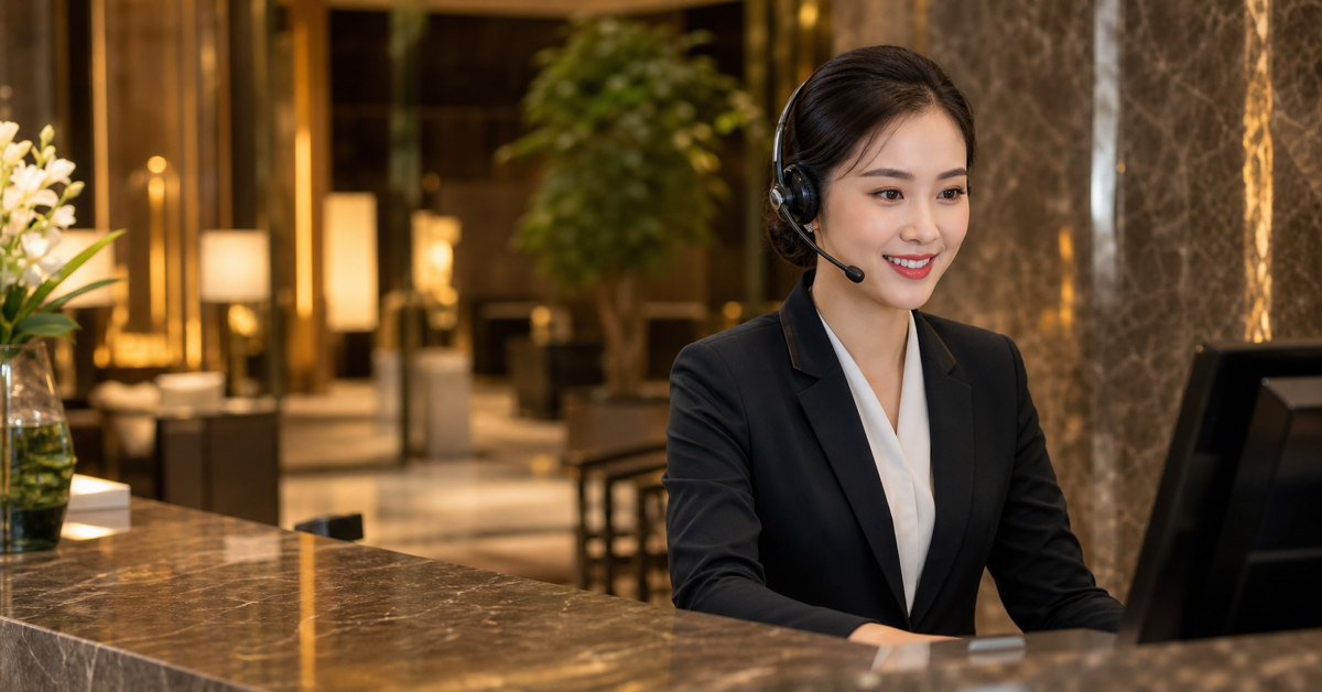 Nhân viên kinh doanh khách sạn trao đổi với khách hàng